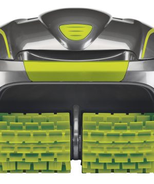 Et nærbillede forfra af Zodiac Electric Pool Cleaner - GV5220 med store sorte hjul og lysegrønne roterende børster på en hvid baggrund.