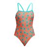 Funkita Stars Below - Single Strap - Damer er en badedragt i ét stykke med tynde turkise stropper, en levende orange baggrund og et turkis søstjernemønster over det hele.