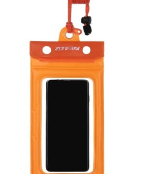 En smartphone inde i en Zone3 Vandtæt pose til Mobiltelefon - Orange, med en klar front, så man kan se skærmen, og en rød snor i toppen.