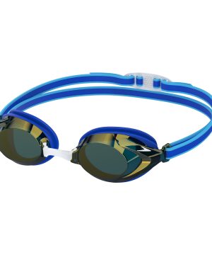Speedo Vanquisher 3.0 Mirror (Blue/Blue) har blå og gyldne rammer, mørke spejllinser, en hvid næsebro og en dobbelt blå justerbar rem, vist på en hvid baggrund.