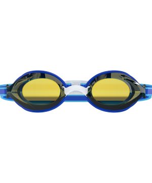 Speedo Vanquisher 3.0 Mirror (Blue/Blue) svømmebriller har gultonede linser, en forbindelsesnæsebro og en justerbar hovedrem, set forfra.