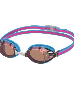 Speedo Vanquisher 3.0 Mirror - Junior (Blue/Pink) svømmebriller med spejllinser, blå og pink justerbare stropper og en hvid næsebro, vist mod en hvid baggrund.