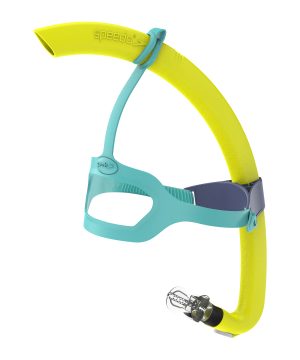 Speedo Bullet Head Snorkel (Hyper Yellow/Artic Glass) - Junior har en justerbar blå strop, pandestøtte, mundstykke og bundventil til komfortabel og sikker svømning.