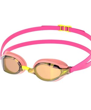 Speedo Fastskin Speedsocket 2 Mirror svømmebriller i grøn og pink, med tonede linser, vises på en hvid baggrund.