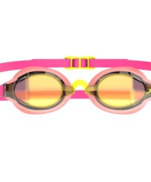Speedo Fastskin Speedsocket 2 Mirror (Green/Pink) har orange-gule spejllinser, en pink strop og gul næsebro og spænde, som vises på en hvid baggrund.