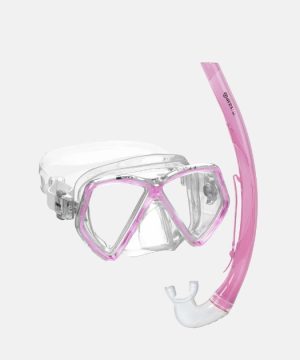 Mares Zephir Combo Snorkelsæt (Pink) – Junior består af en gennemsigtig snorkelmaske med lyserød kant og en fastmonteret lyserød snorkel med et hvidt mundstykke, vist på en ensfarvet hvid baggrund.