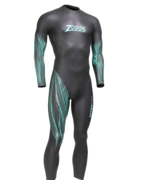 En sort Zoggs Hypex Pro FS - herrewetsuit med blågrønne og hvide bølgemønstre på ærmerne og siderne, udstillet på en mannequin uden synligt hoved, hænder eller fødder.