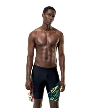 Jammer, Speedo Medley Logo, antracit/hyper teal, herre, mand med svømmebriller i højre hånd.