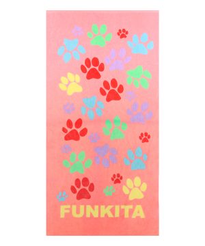 Bomuldshåndklæde, Funkita Paw Paw, lyserød, 80 x 160 cm, med farverige potetryk og et gult FUNKITA-logo.