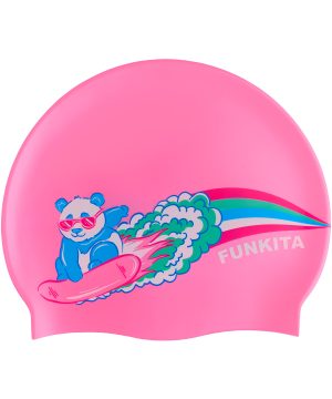 Badehætte, Funkita Sweet Surfers, lyserød med motiv af en panda med solbriller på et surfbræt og en regnbue.