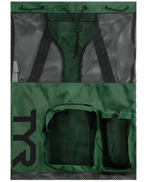Svømmenet, TYR Big Mesh Mummy Bag, olivengrøn, 40 liter med snorelukning, lynlåslomme foran, netlommer til drikkedunk og TYR-logo nederst til venstre.